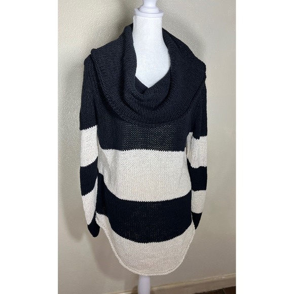 Pure Handknit Sweaters - Pure Handknit Black Cream Stripe Cowl Neck Sweater L XL